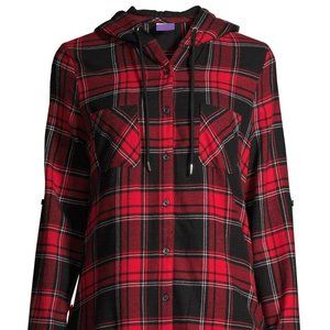 NWT M Juniors Hooded Plaid Flannel Shirt